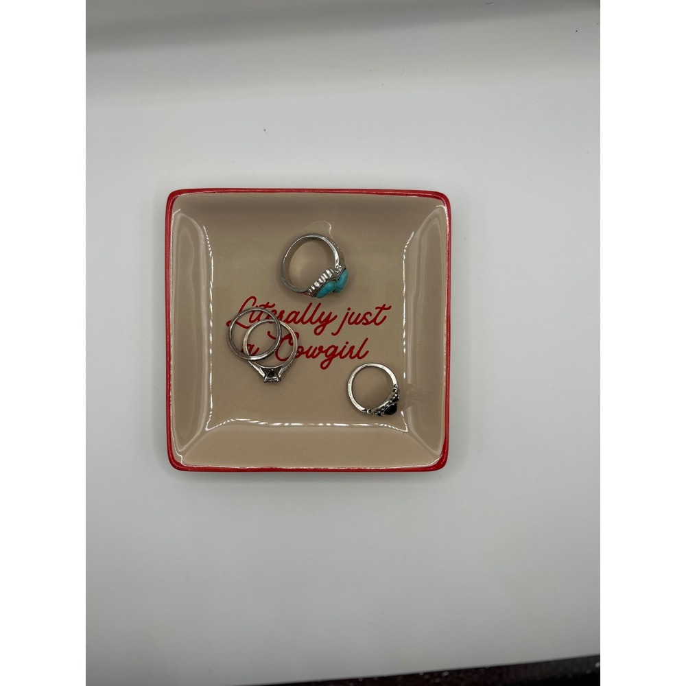 Literally Just A Cowgirl Ceramic Trinket Dish Square Jewelry Tray Red Cream - Picture 3 of 4